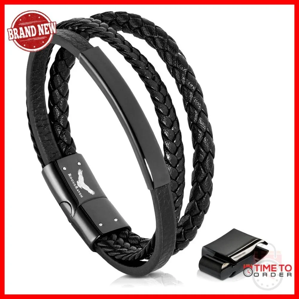 Adjustable Genuine Leather Bracelet with Stainless Steel Clasp for Men